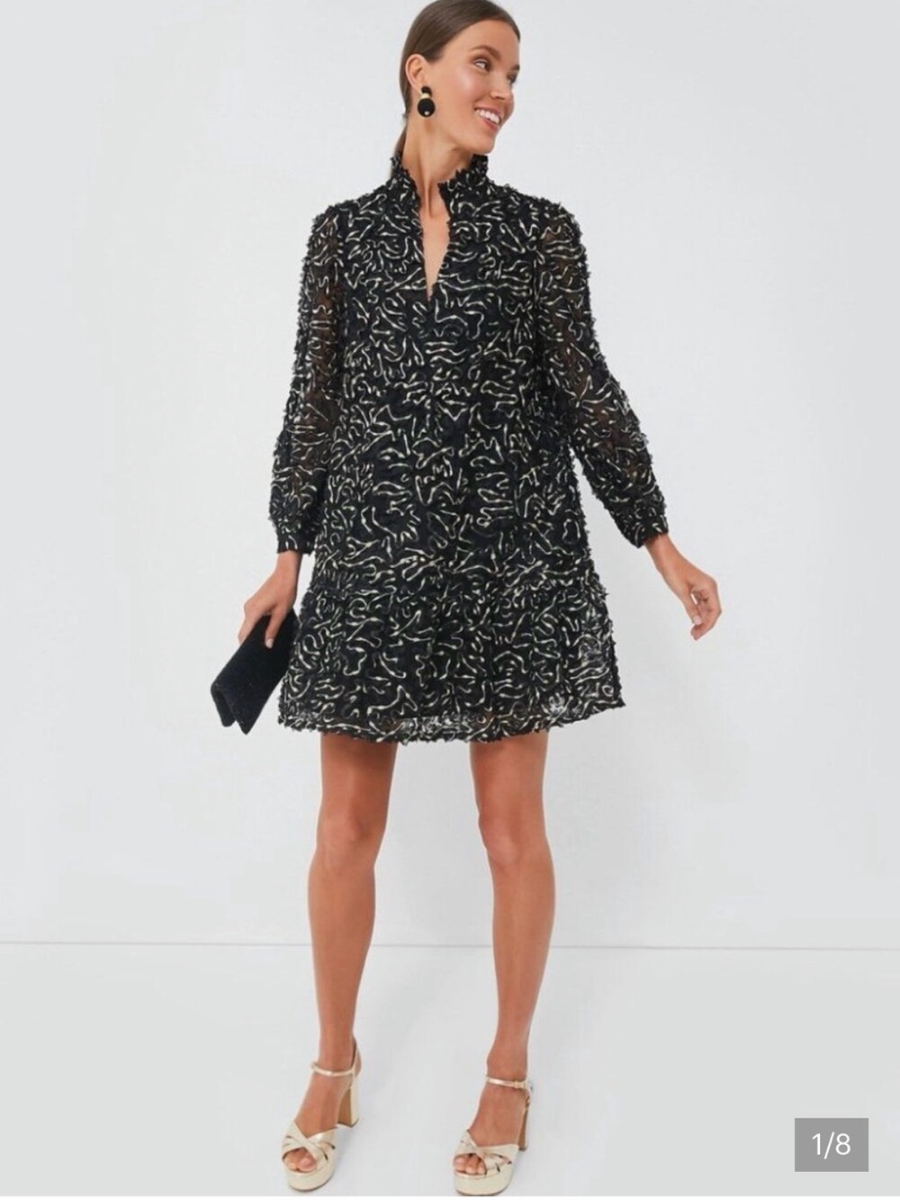 Tuckernuck Palmer Black Mini Dress with Gold Swirl Ruffle